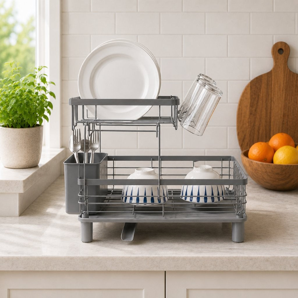 2-Tier Dish Drainer Rack with Drip Tray & 360° Swivel Spout – Black