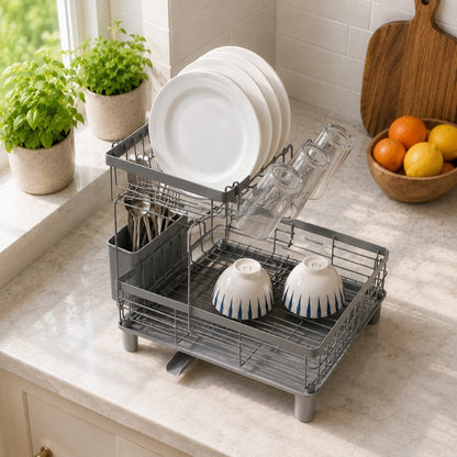 2-Tier Dish Drainer Rack with Drip Tray & 360° Swivel Spout – Black