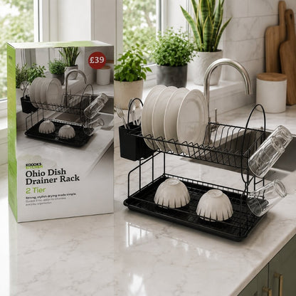 2-tier black stainless steel dish drainer rack with drip tray