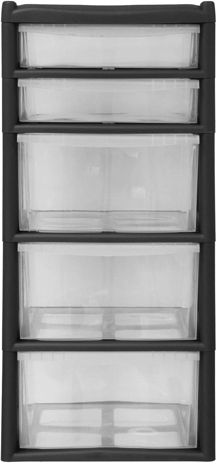 EXTRA LARGE DRAWER STORGE BLACK Plastic 5 Drawer Unit 2 Shallow with 3 Deep Drawers Chest Drawer School Office Home Storage