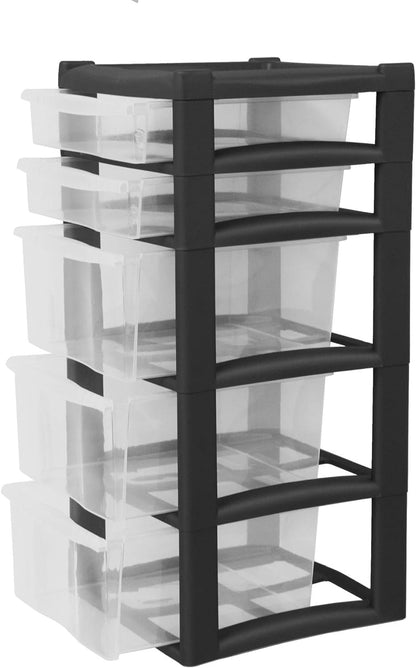 EXTRA LARGE DRAWER STORGE BLACK Plastic 5 Drawer Unit 2 Shallow with 3 Deep Drawers Chest Drawer School Office Home Storage