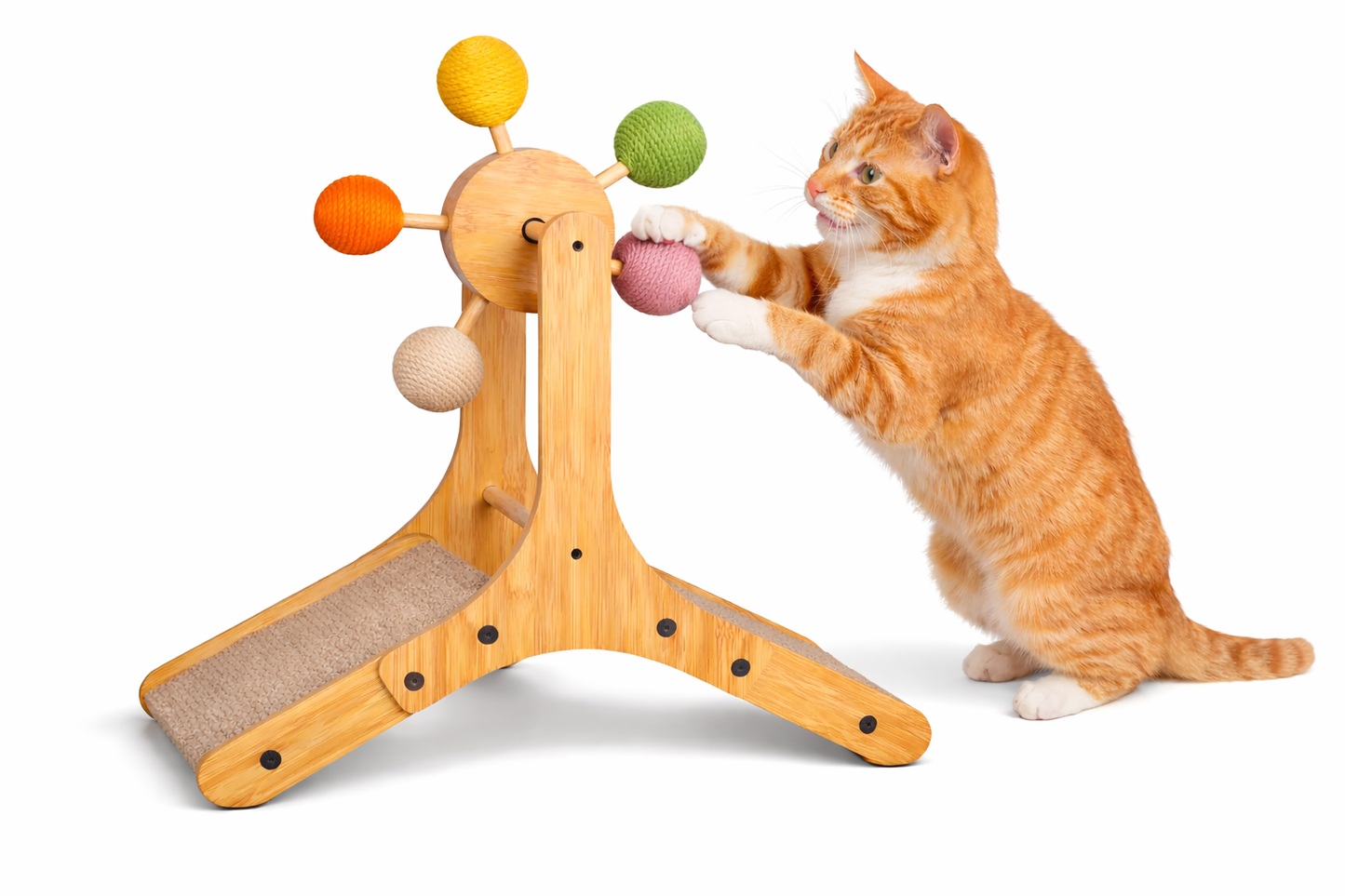 Sisal Cat Scratcher with Rotating Ball – Wooden Interactive Scratching Post for Indoor Cats