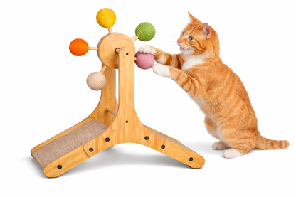 Sisal Cat Scratcher with Rotating Ball – Wooden Interactive Scratching Post for Indoor Cats