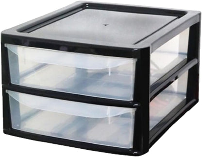 PLASTIC STORAGE DRAWERS 2 TIER A4| SMALL CLEAR SILVER TOWER UNIT | OFFICE DESKTOP TABLETOP ORGANISER HOME SCHOOL BEDROOM LIVING ROOM | 20 cm HEIGHT, 38 cm DEPTH, 38 cm WIDTH