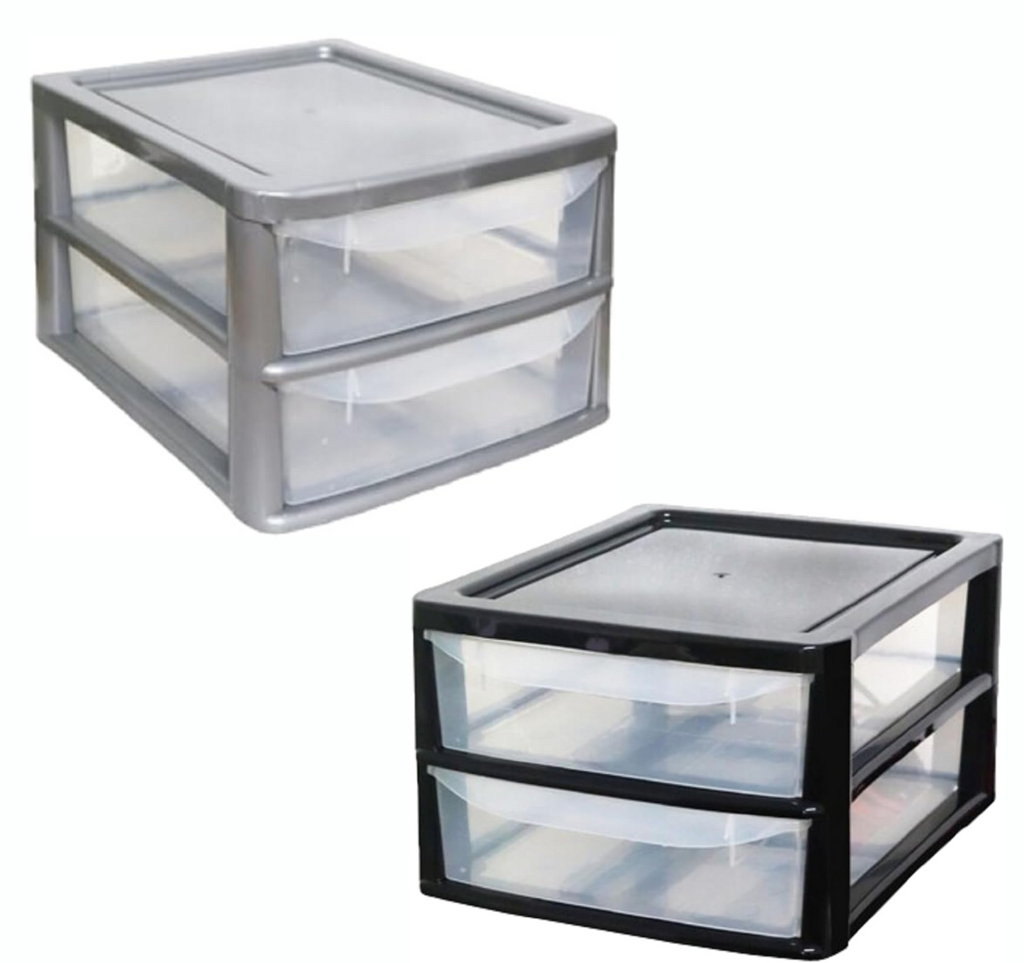 PLASTIC STORAGE DRAWERS 2 TIER A4| SMALL CLEAR SILVER TOWER UNIT | OFFICE DESKTOP TABLETOP ORGANISER HOME SCHOOL BEDROOM LIVING ROOM | 20 cm HEIGHT, 38 cm DEPTH, 38 cm WIDTH
