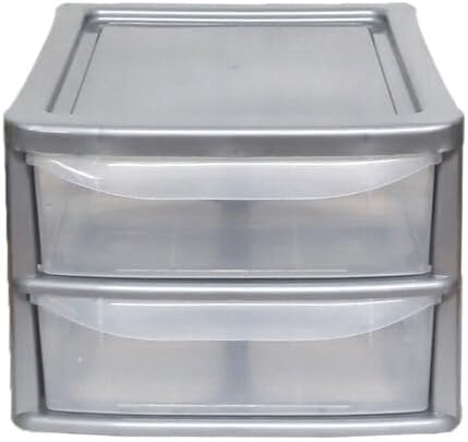 PLASTIC STORAGE DRAWERS 2 TIER A4| SMALL CLEAR SILVER TOWER UNIT | OFFICE DESKTOP TABLETOP ORGANISER HOME SCHOOL BEDROOM LIVING ROOM | 20 cm HEIGHT, 38 cm DEPTH, 38 cm WIDTH
