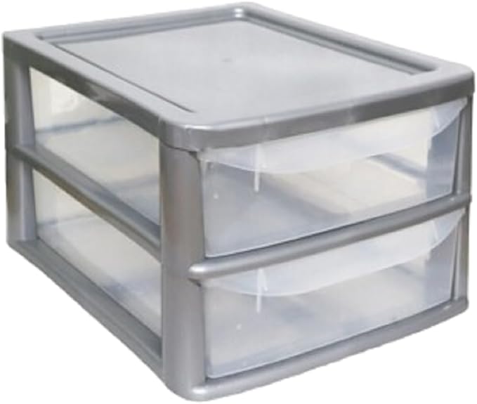 PLASTIC STORAGE DRAWERS 2 TIER A4| SMALL CLEAR SILVER TOWER UNIT | OFFICE DESKTOP TABLETOP ORGANISER HOME SCHOOL BEDROOM LIVING ROOM | 20 cm HEIGHT, 38 cm DEPTH, 38 cm WIDTH