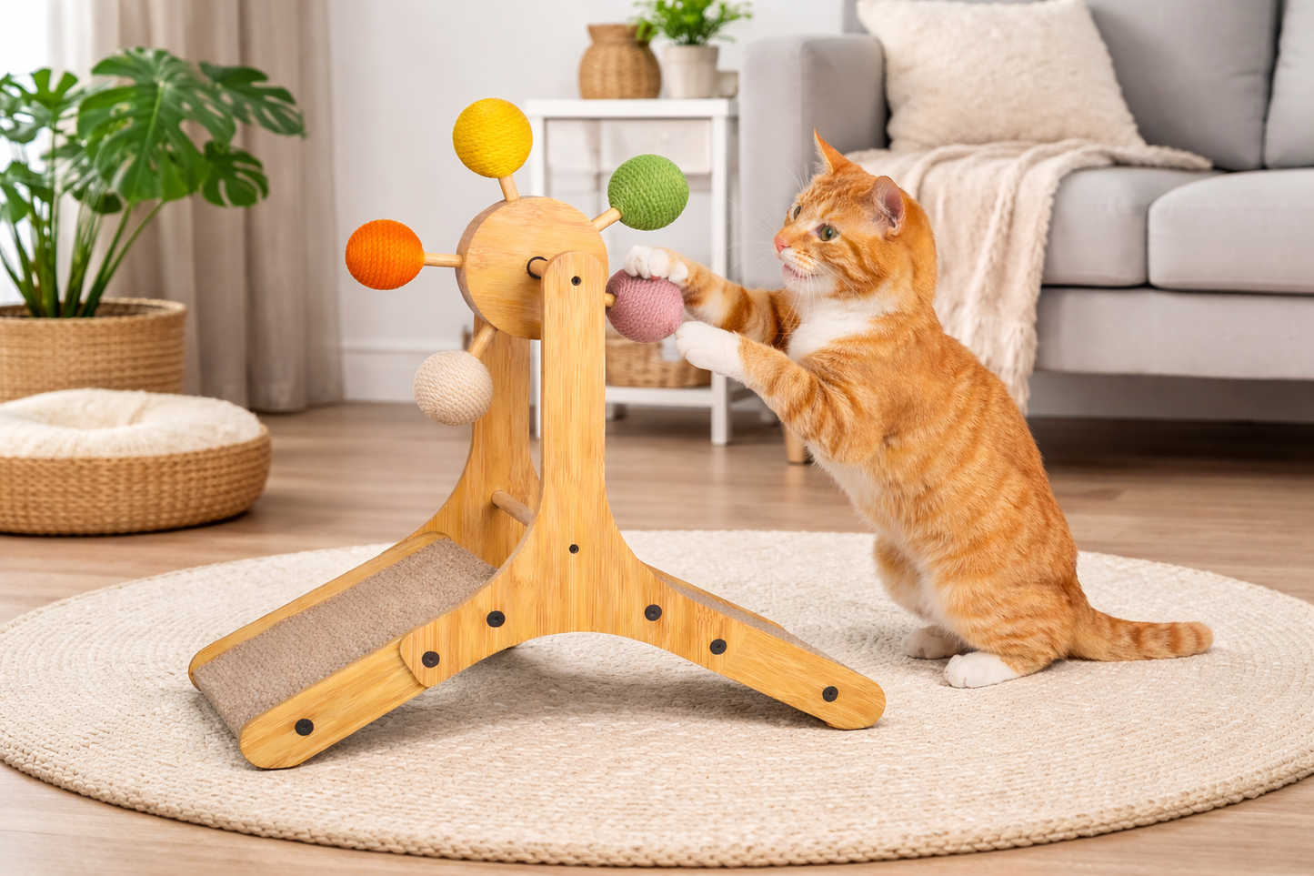 Sisal Cat Scratcher with Rotating Ball – Wooden Interactive Scratching Post for Indoor Cats