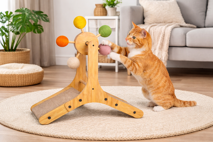 Sisal Cat Scratcher with Rotating Ball – Wooden Interactive Scratching Post for Indoor Cats