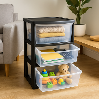 Plastic 3 Tier Drawer Tower Unit Chest Drawer School Office Home Storage