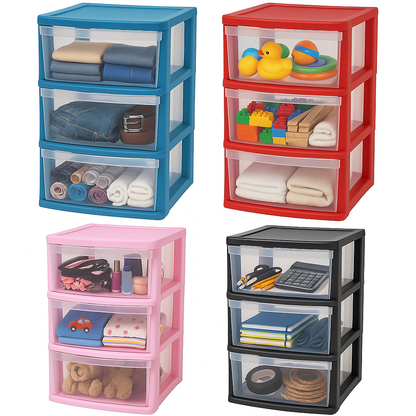 Plastic 3 Tier Drawer Tower Unit Chest Drawer School Office Home Storage