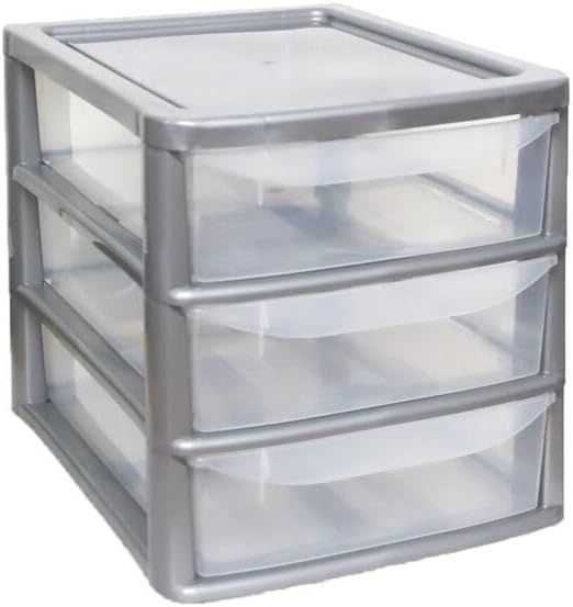 PLASTIC STORAGE DRAWERS 3 TIER A4| SMALL CLEAR SILVER TOWER UNIT | OFFICE DESKTOP TABLETOP ORGANISER HOME SCHOOL BEDROOM LIVING ROOM | 29 cm HEIGHT, 38 cm DEPTH, 38 cm WIDTH