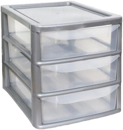 PLASTIC STORAGE DRAWERS 3 TIER A4| SMALL CLEAR SILVER TOWER UNIT | OFFICE DESKTOP TABLETOP ORGANISER HOME SCHOOL BEDROOM LIVING ROOM | 29 cm HEIGHT, 38 cm DEPTH, 38 cm WIDTH
