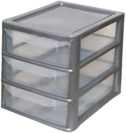 PLASTIC STORAGE DRAWERS 3 TIER A4| SMALL CLEAR SILVER TOWER UNIT | OFFICE DESKTOP TABLETOP ORGANISER HOME SCHOOL BEDROOM LIVING ROOM | 29 cm HEIGHT, 38 cm DEPTH, 38 cm WIDTH