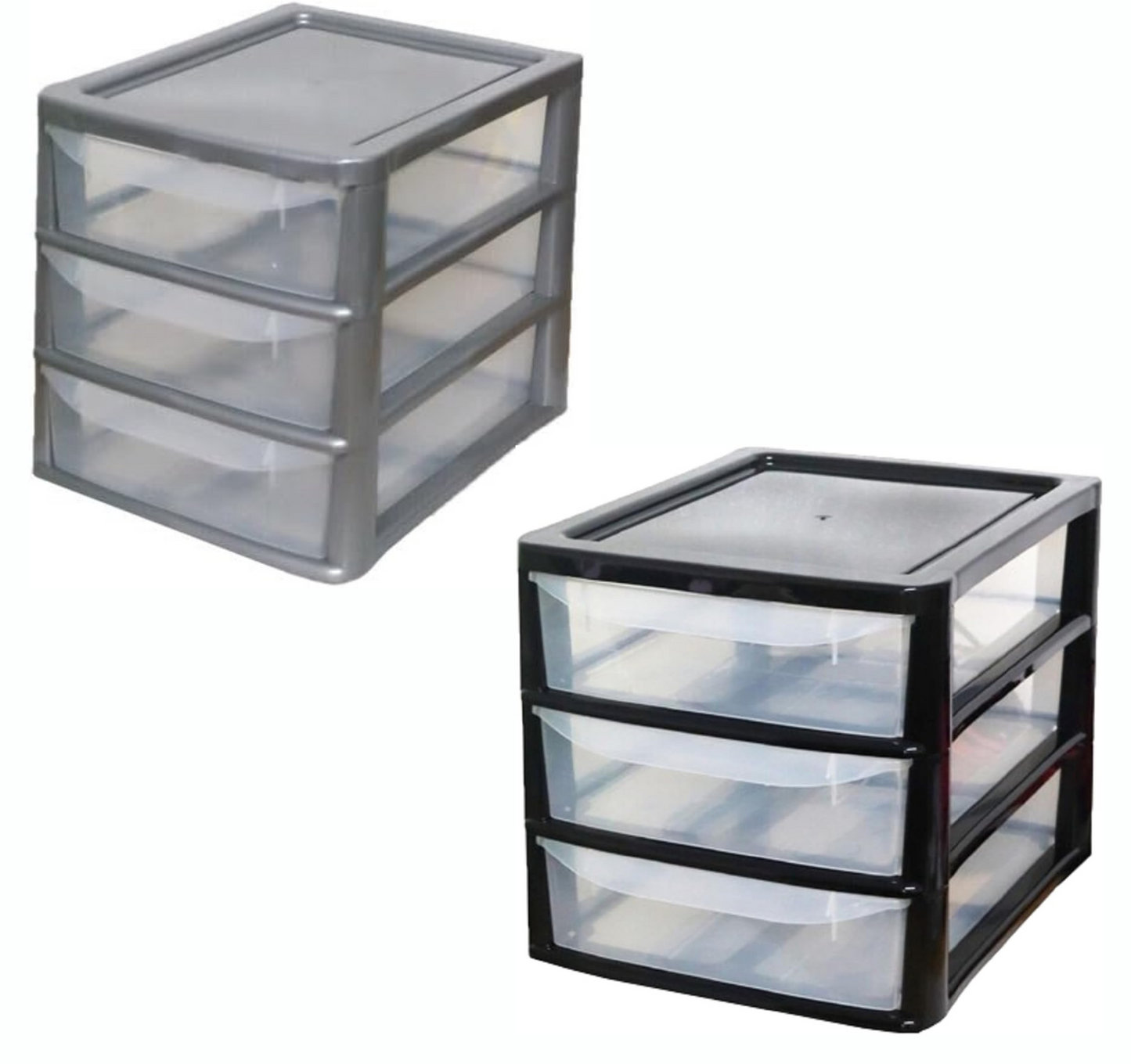 PLASTIC STORAGE DRAWERS 3 TIER A4| SMALL CLEAR SILVER TOWER UNIT | OFFICE DESKTOP TABLETOP ORGANISER HOME SCHOOL BEDROOM LIVING ROOM | 29 cm HEIGHT, 38 cm DEPTH, 38 cm WIDTH