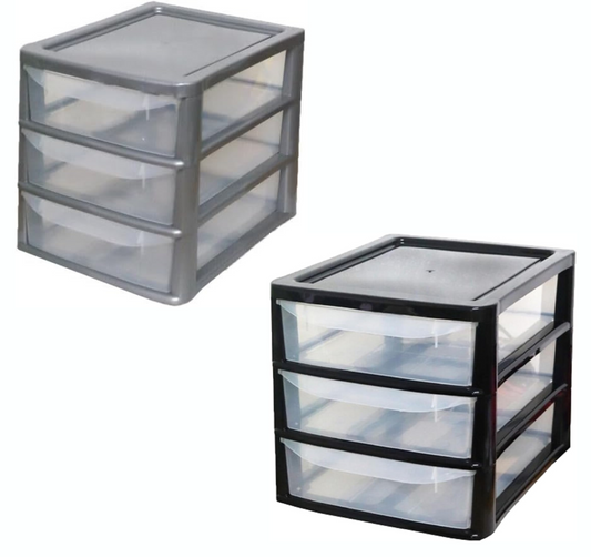 PLASTIC STORAGE DRAWERS 3 TIER A4| SMALL CLEAR SILVER TOWER UNIT | OFFICE DESKTOP TABLETOP ORGANISER HOME SCHOOL BEDROOM LIVING ROOM | 29 cm HEIGHT, 38 cm DEPTH, 38 cm WIDTH