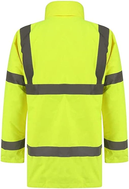Men’s Hi Vis Safety Parka Jackets Reflective Waterproof Workwear Padded Top Security Hooded Long Coats