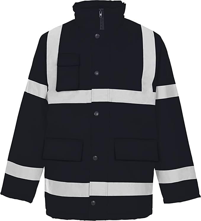 Men’s Hi Vis Safety Parka Jackets Reflective Waterproof Workwear Padded Top Security Hooded Long Coats