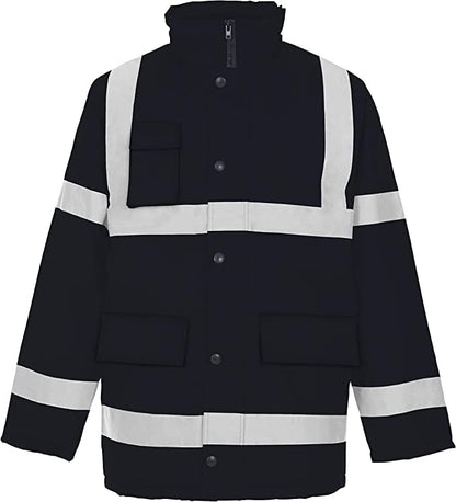 Men’s Hi Vis Safety Parka Jackets Reflective Waterproof Workwear Padded Top Security Hooded Long Coats