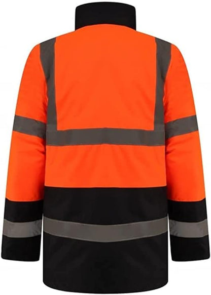 Men’s Hi Vis Safety Parka Jackets Reflective Waterproof Workwear Padded Top Security Hooded Long Coats