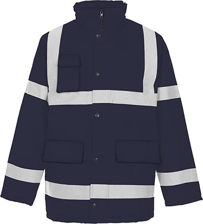 Men’s Hi Vis Safety Parka Jackets Reflective Waterproof Workwear Padded Top Security Hooded Long Coats