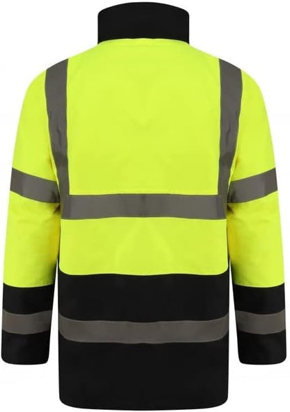 Men’s Hi Vis Safety Parka Jackets Reflective Waterproof Workwear Padded Top Security Hooded Long Coats