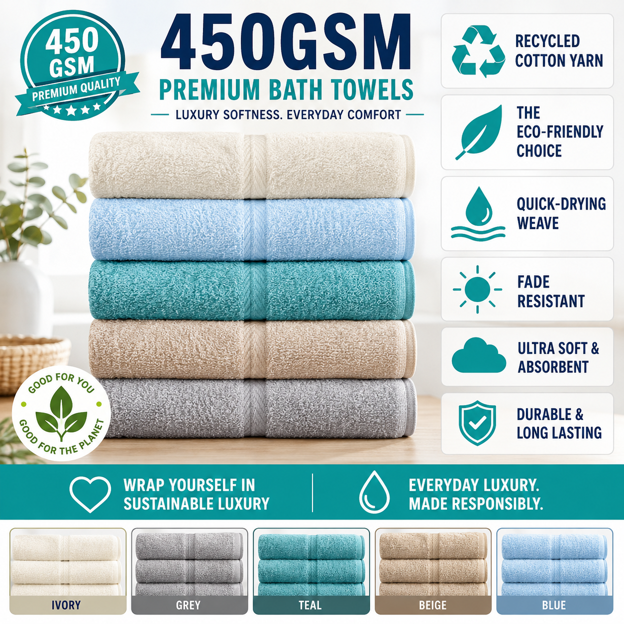 450 GSM Soft-Touch Cotton Rich Value Range Towels – Multipack Face, Hand, Bath & Bath Sheet in 6 Colours
