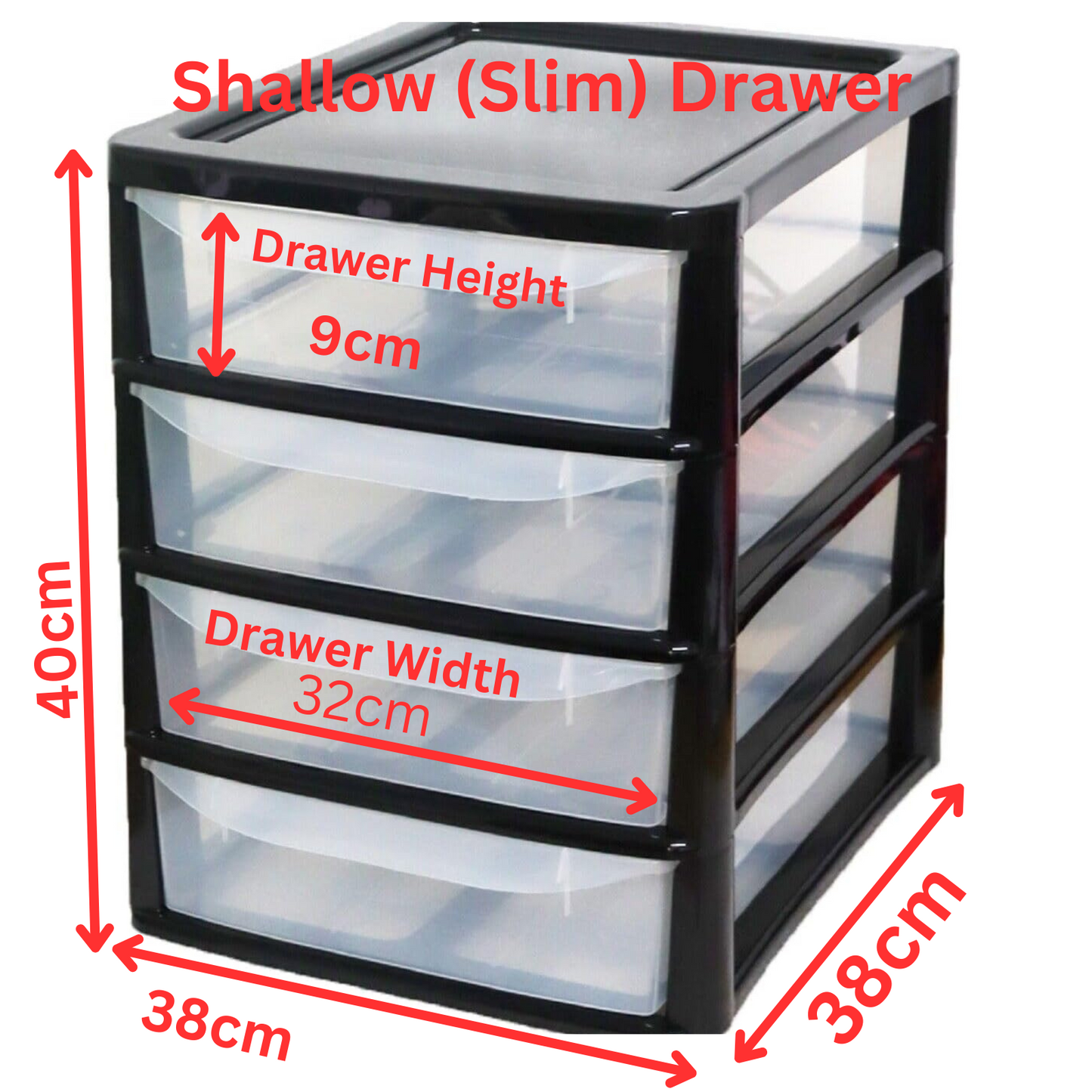 PLASTIC STORAGE DRAWERS 4 TIER A4| SMALL CLEAR BLACK TOWER UNIT | OFFICE DESKTOP TABLETOP ORGANISER HOME SCHOOL BEDROOM LIVING ROOM | 38 cm HEIGHT, 34 cm DEPTH, 28 cm WIDTH