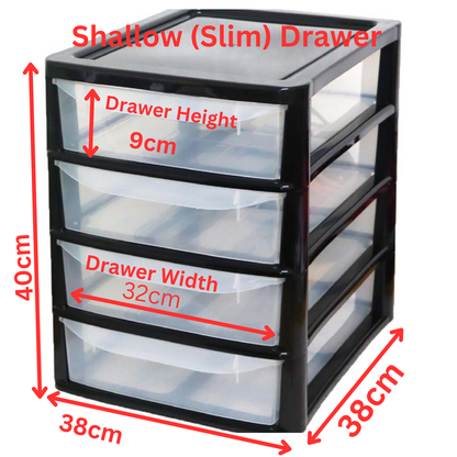 PLASTIC STORAGE DRAWERS 4 TIER A4| SMALL CLEAR BLACK TOWER UNIT | OFFICE DESKTOP TABLETOP ORGANISER HOME SCHOOL BEDROOM LIVING ROOM | 38 cm HEIGHT, 34 cm DEPTH, 28 cm WIDTH