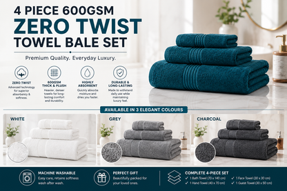 4 Piece 600GSM Zero Twist Towel Bale Set — 100% Egyptian Cotton | Nimora Home