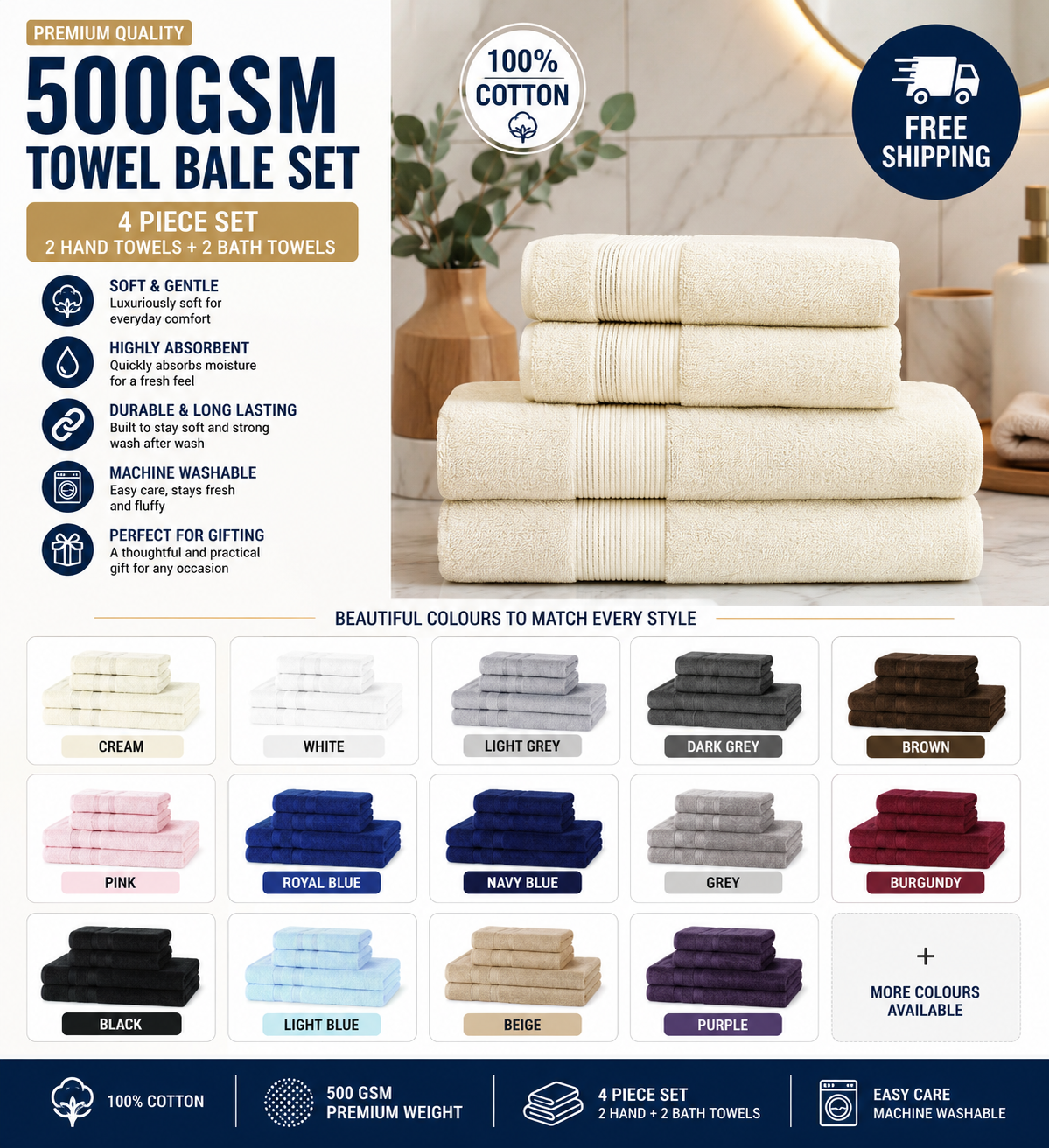 4-Piece 500 GSM 100% Cotton Towel Bale Set — 2 Bath Towels + 2 Hand Towels (13 Colours)