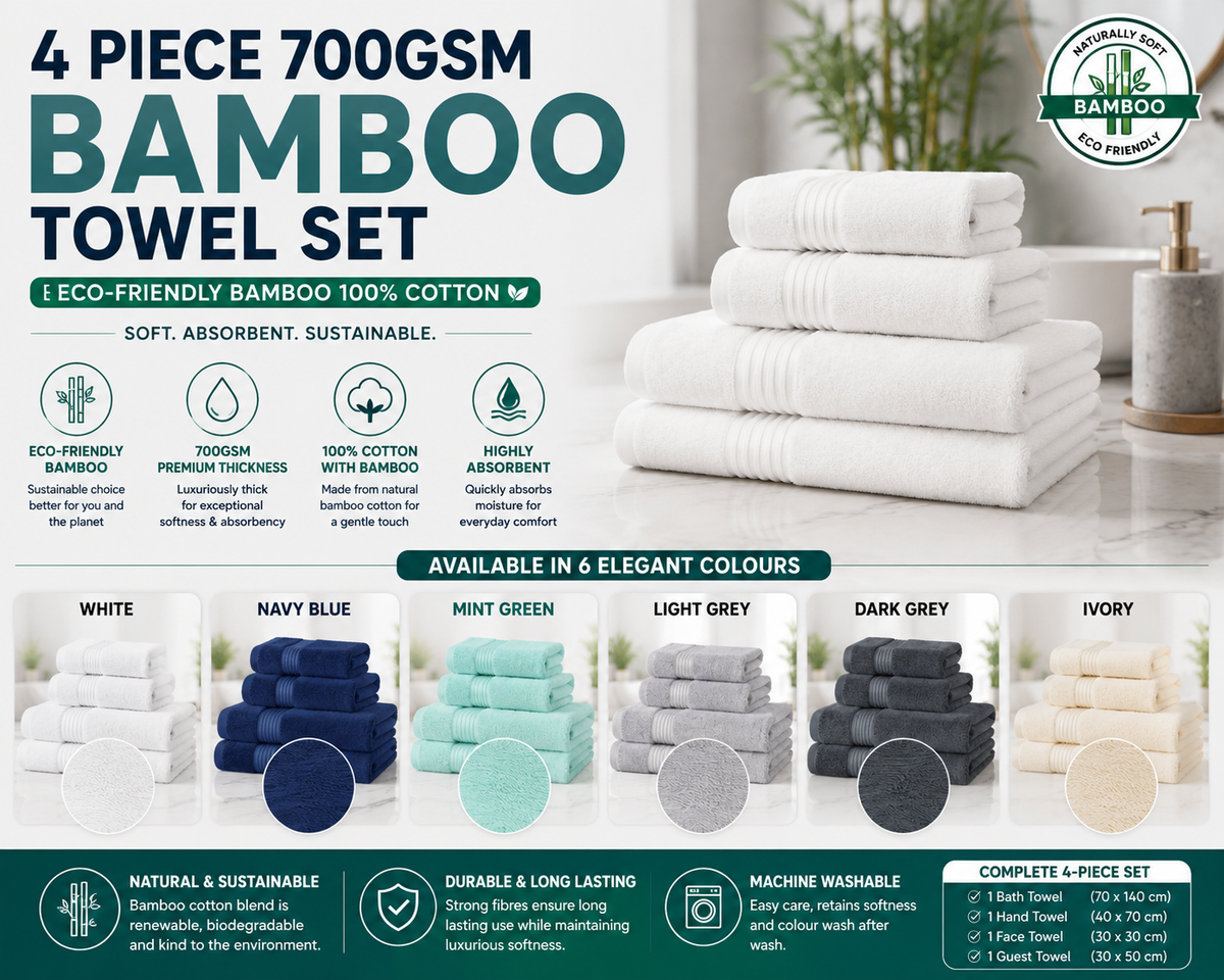 4 Piece 700GSM Bamboo Towel Set | Eco-Friendly Bamboo 100% Cotton - 2 Hand Towels, 2 Bath Towels
