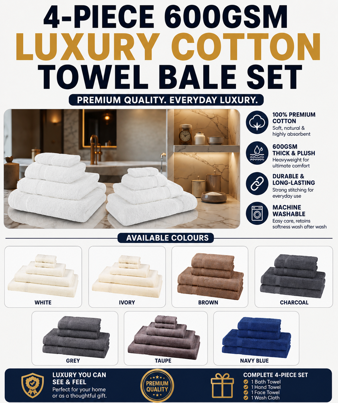 4-Piece 600GSM Luxury Cotton Towel Bale Set — 2 Hand + 2 Bath Towels or Bath Sheets (6 Colours)