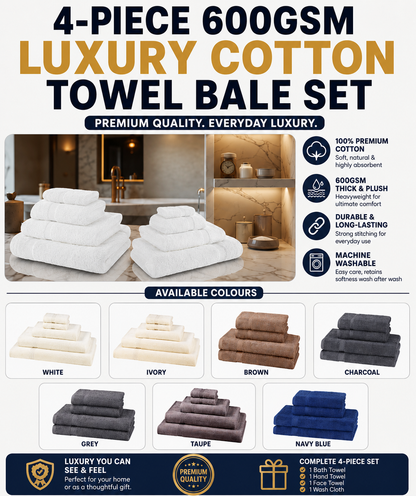 4-Piece 600GSM Luxury Cotton Towel Bale Set — 2 Hand + 2 Bath Towels or Bath Sheets (6 Colours)