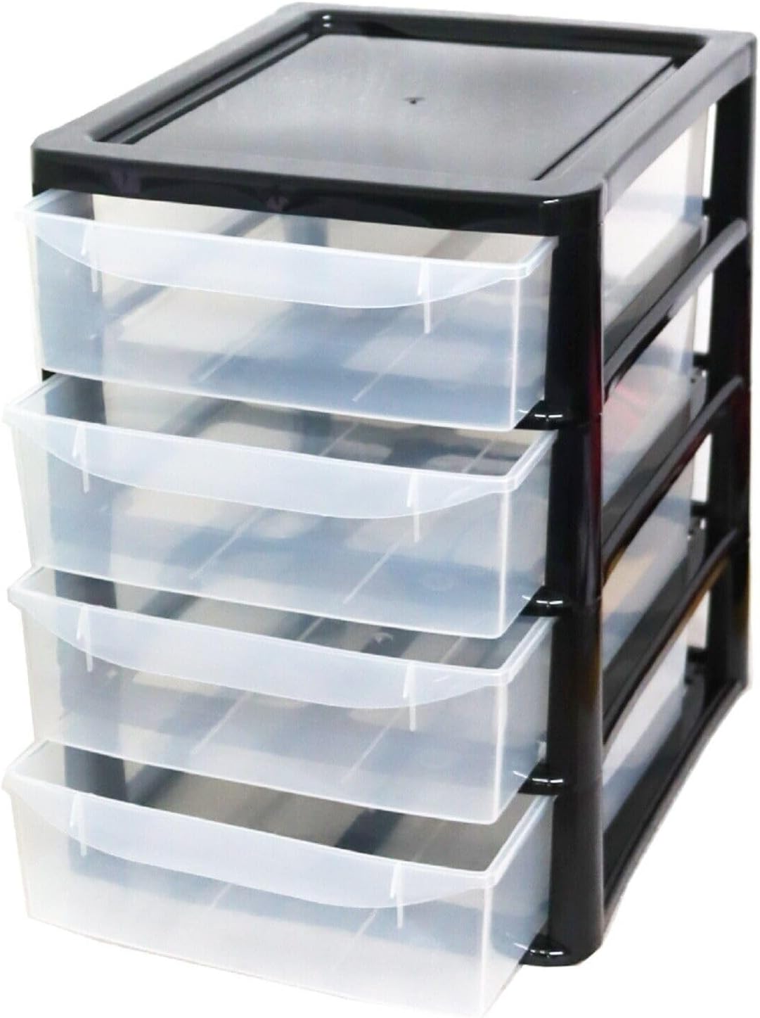 PLASTIC STORAGE DRAWERS 4 TIER A4| SMALL CLEAR BLACK TOWER UNIT | OFFICE DESKTOP TABLETOP ORGANISER HOME SCHOOL BEDROOM LIVING ROOM | 38 cm HEIGHT, 34 cm DEPTH, 28 cm WIDTH