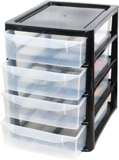 PLASTIC STORAGE DRAWERS 4 TIER A4| SMALL CLEAR BLACK TOWER UNIT | OFFICE DESKTOP TABLETOP ORGANISER HOME SCHOOL BEDROOM LIVING ROOM | 38 cm HEIGHT, 34 cm DEPTH, 28 cm WIDTH