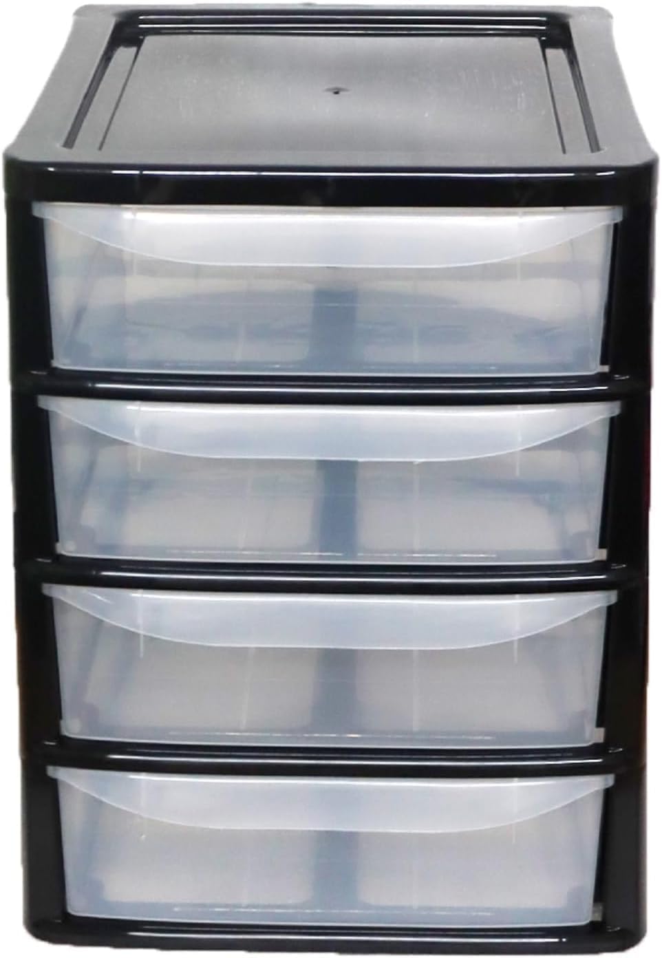 PLASTIC STORAGE DRAWERS 4 TIER A4| SMALL CLEAR BLACK TOWER UNIT | OFFICE DESKTOP TABLETOP ORGANISER HOME SCHOOL BEDROOM LIVING ROOM | 38 cm HEIGHT, 34 cm DEPTH, 28 cm WIDTH
