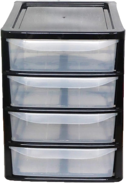 PLASTIC STORAGE DRAWERS 4 TIER A4| SMALL CLEAR BLACK TOWER UNIT | OFFICE DESKTOP TABLETOP ORGANISER HOME SCHOOL BEDROOM LIVING ROOM | 38 cm HEIGHT, 34 cm DEPTH, 28 cm WIDTH