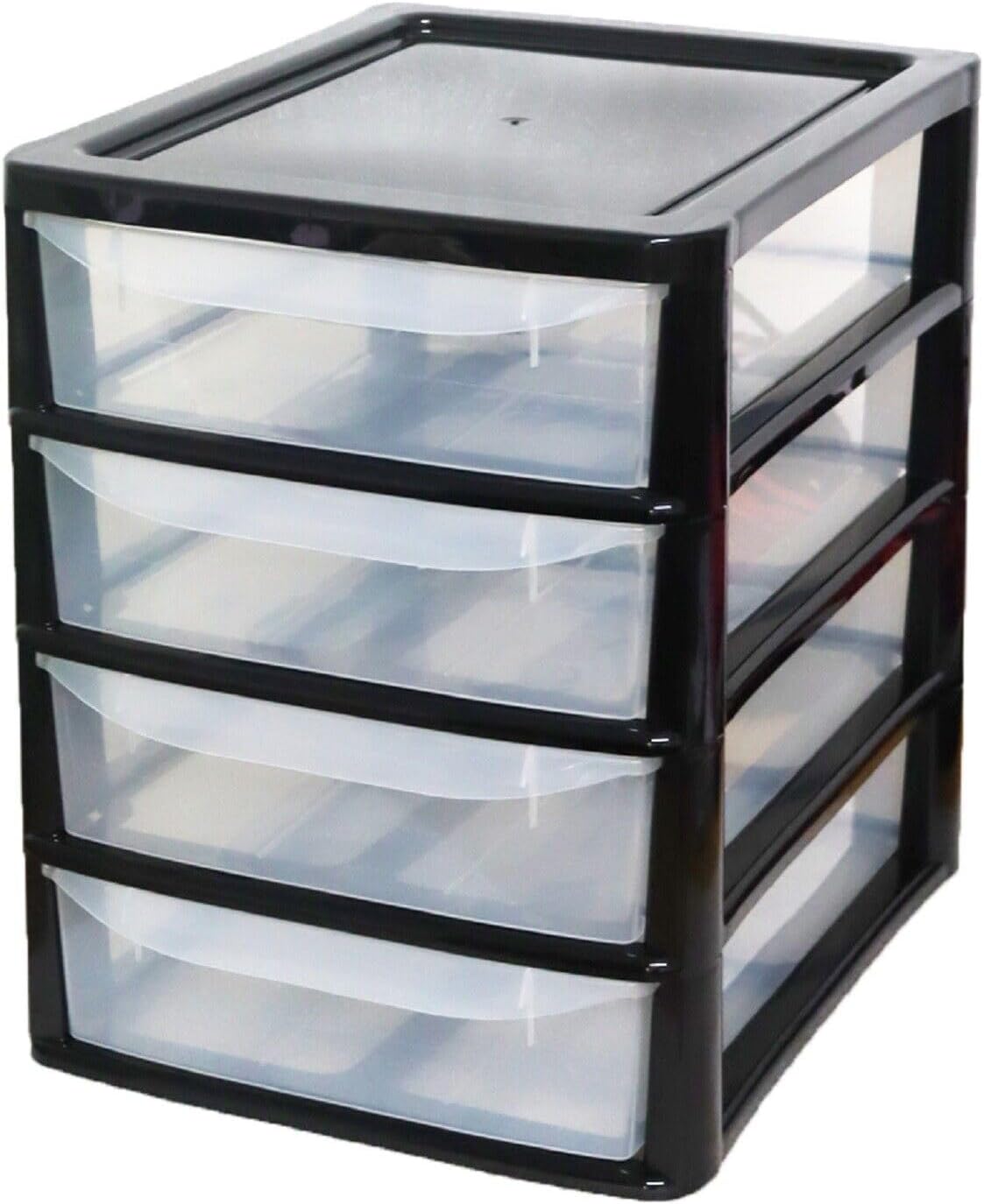 PLASTIC STORAGE DRAWERS 4 TIER A4| SMALL CLEAR BLACK TOWER UNIT | OFFICE DESKTOP TABLETOP ORGANISER HOME SCHOOL BEDROOM LIVING ROOM | 38 cm HEIGHT, 34 cm DEPTH, 28 cm WIDTH