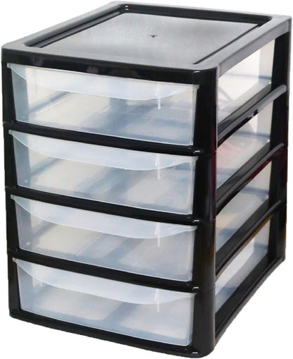 PLASTIC STORAGE DRAWERS 4 TIER A4| SMALL CLEAR BLACK TOWER UNIT | OFFICE DESKTOP TABLETOP ORGANISER HOME SCHOOL BEDROOM LIVING ROOM | 38 cm HEIGHT, 34 cm DEPTH, 28 cm WIDTH