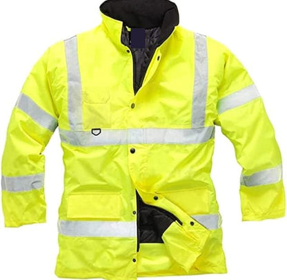Men’s Hi Vis Safety Parka Jackets Reflective Waterproof Workwear Padded Top Security Hooded Long Coats