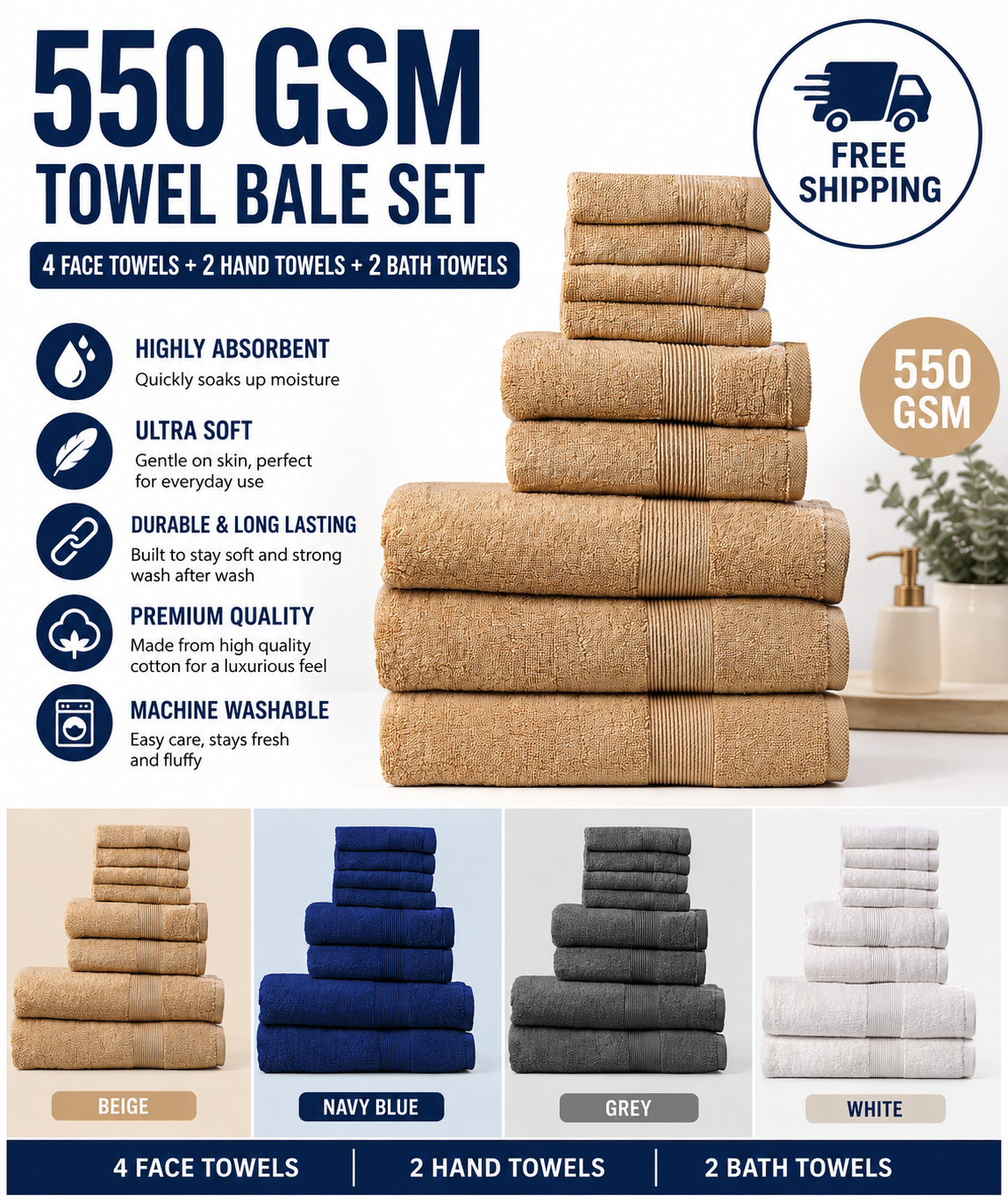 100% Cotton 550 GSM 8-Piece Cotton Towel Bale Set — 2 Bath Towel, 2 Hand Towel, 4 Face Cloths