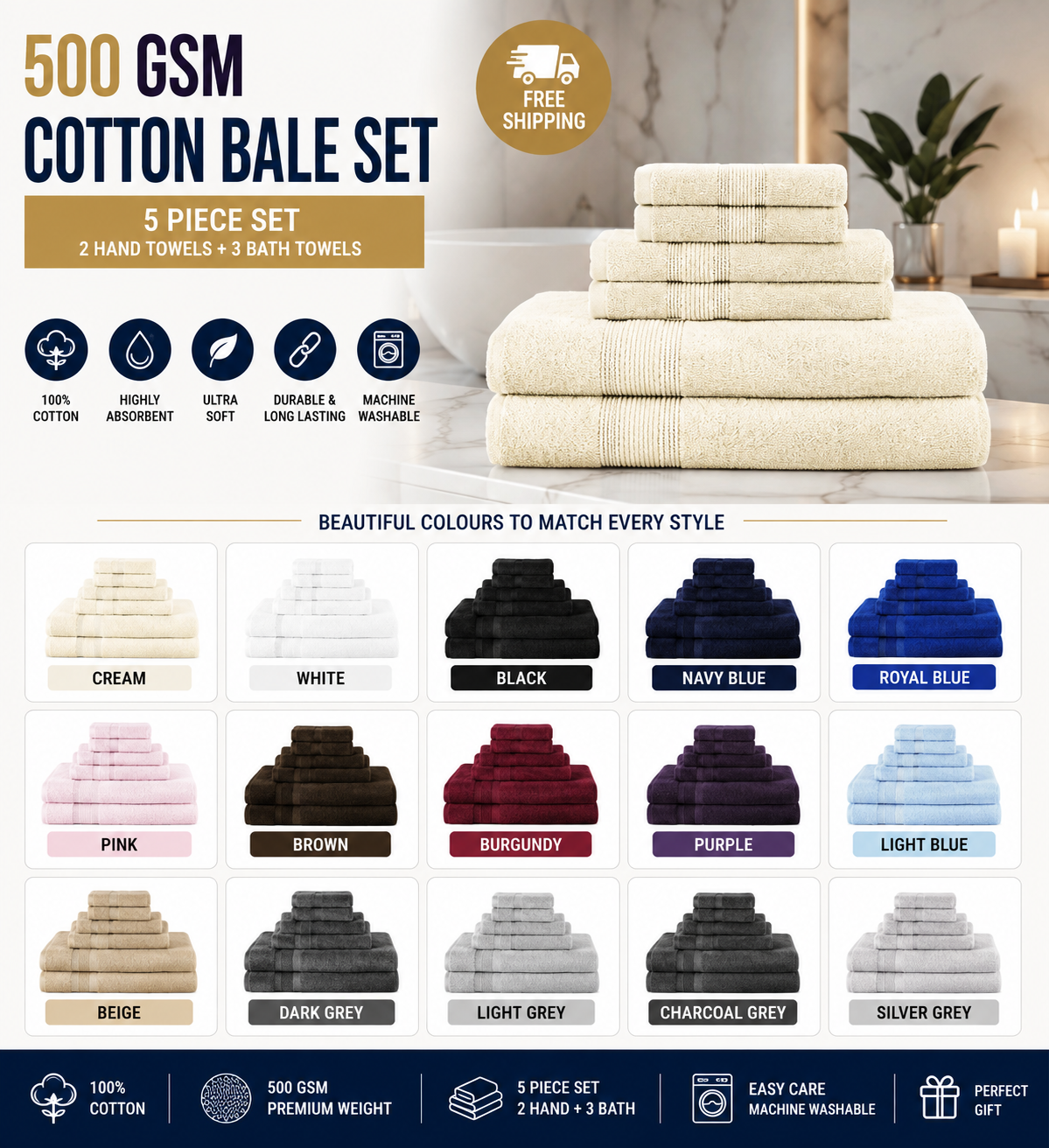 5-Piece 500 GSM 100% Cotton Towel Bale Set — 2 Face Cloths + 1 Hand + 1 Bath + 1 Bath Sheet (13 Colours)