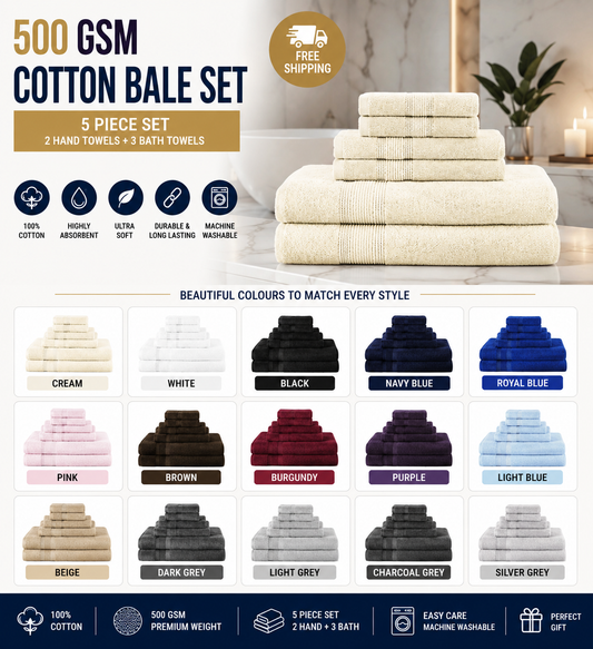 5-Piece 500 GSM 100% Cotton Towel Bale Set — 2 Face Cloths + 1 Hand + 1 Bath + 1 Bath Sheet (13 Colours)