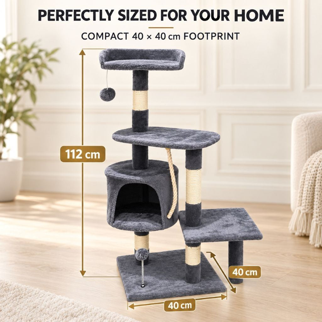 Cat tree parts, fittings and anti-topple wall fixing kit laid out