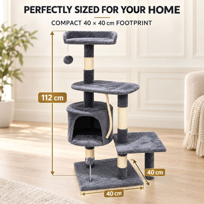 Cat tree parts, fittings and anti-topple wall fixing kit laid out