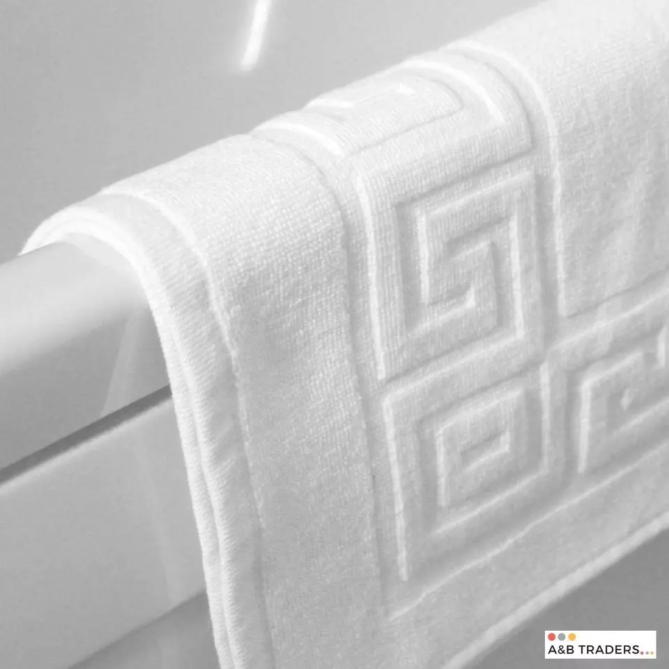 Hotel Quality White Bath Mats 100% Cotton Greek Key Border Design 750GSM Thick