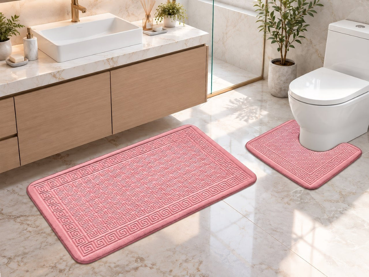 Blush pink Greek key bath mat and contour toilet mat set