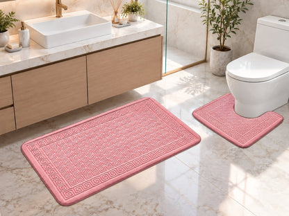 Blush pink Greek key bath mat and contour toilet mat set