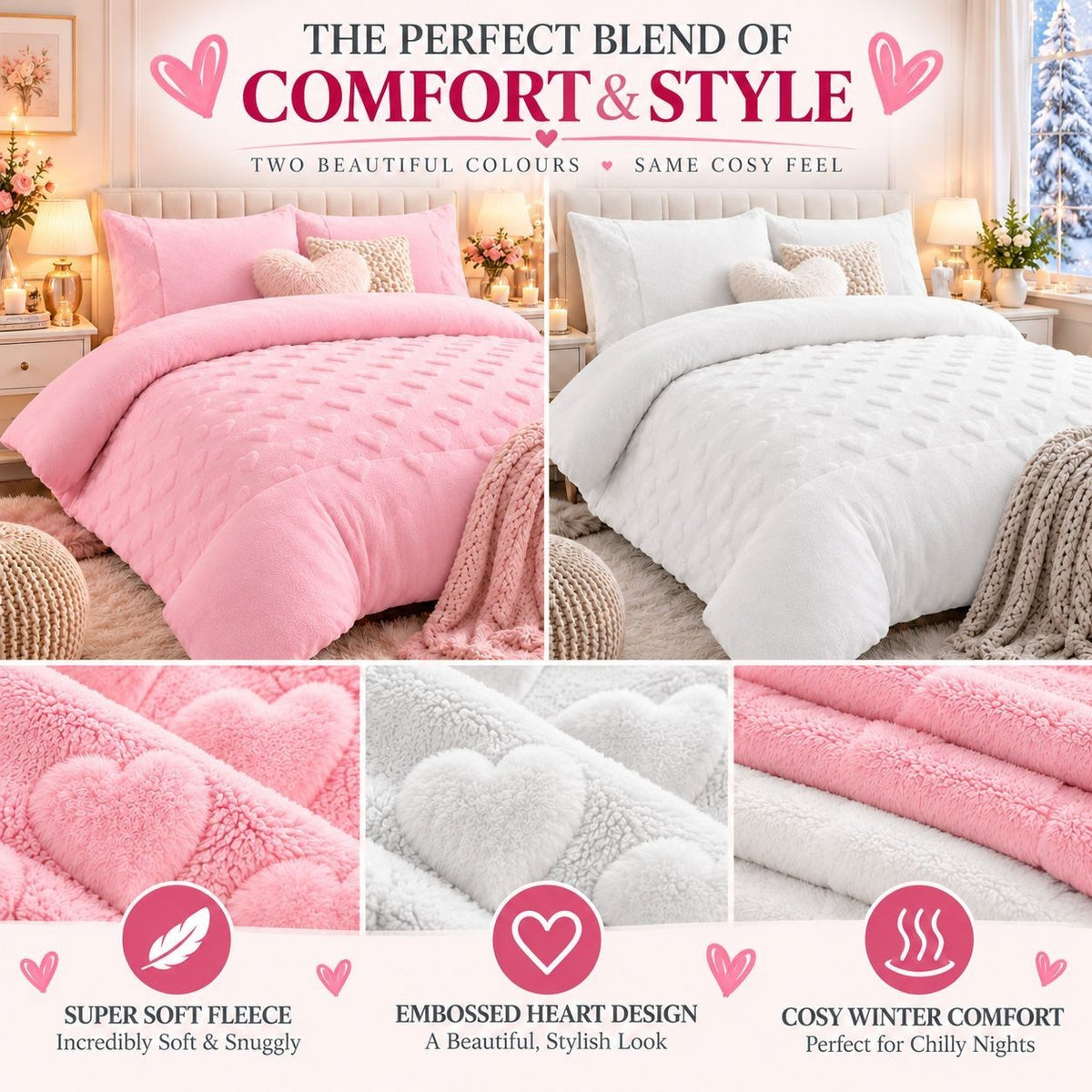 Plush sherpa-style fleece texture detail on heart duvet cover